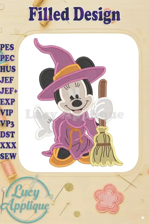 Adorable Witch Minnie Mouse in purple Halloween costume, holding a broom. Filled embroidery design in multiple formats. Perfect for sewing projects!