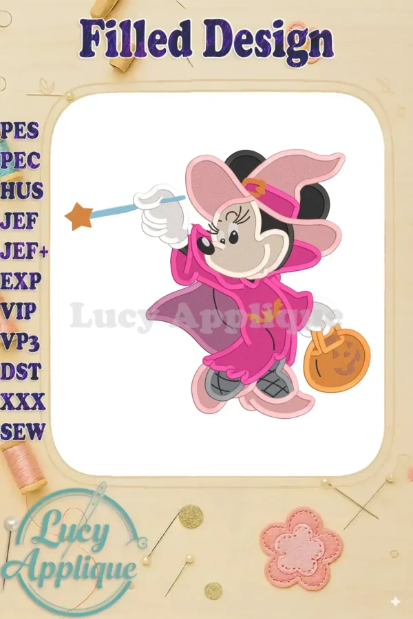 Witch Minnie Mouse in a pink witch costume, holding a magic wand and pumpkin bag. Filled embroidery design, Halloween themed.