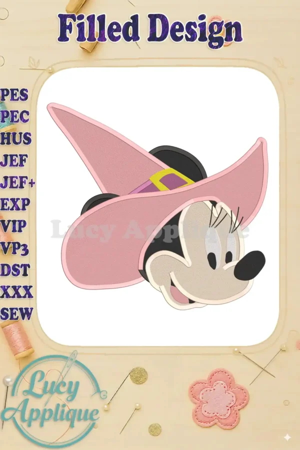 Witch Minnie Mouse in a pink witch hat, filled embroidery design. High-quality digital design, perfect for Halloween projects. Downloadable file includes multiple formats.