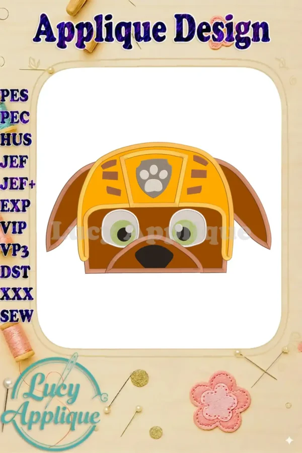 Zuma from Paw Patrol head applique embroidery design. This image showcases a charming embroidered design of Zuma's face, perfect for kids' projects.