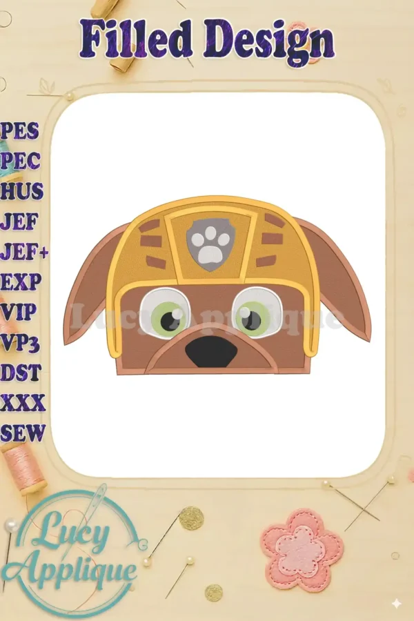 Zuma, from Paw Patrol, in a filled machine embroidery design. The design shows Zuma's head wearing his signature helmet, ready to be stitched.