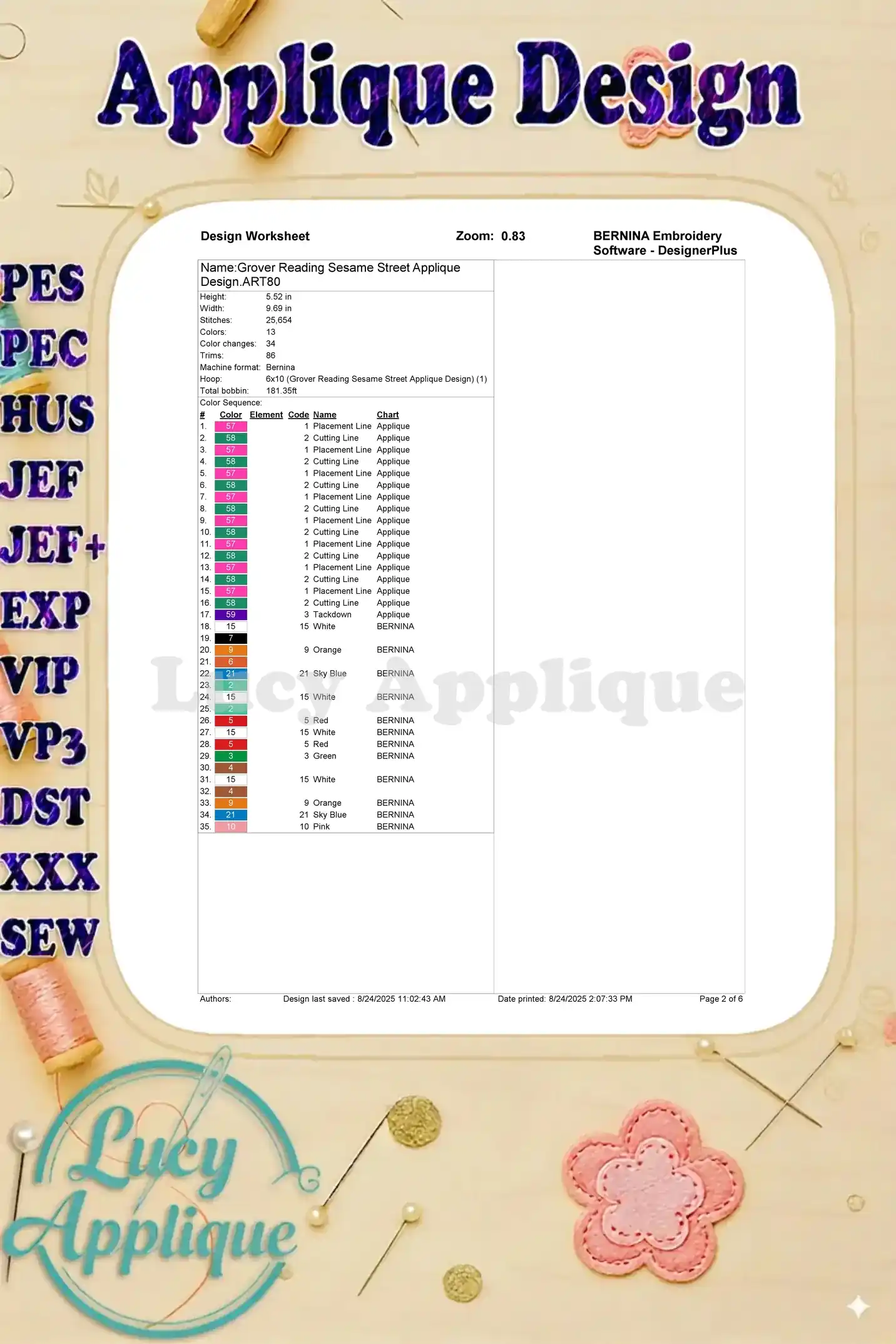A worksheet providing a color chart and details of the Grover applique design. Shows thread colors, stitch counts, and other essential information.