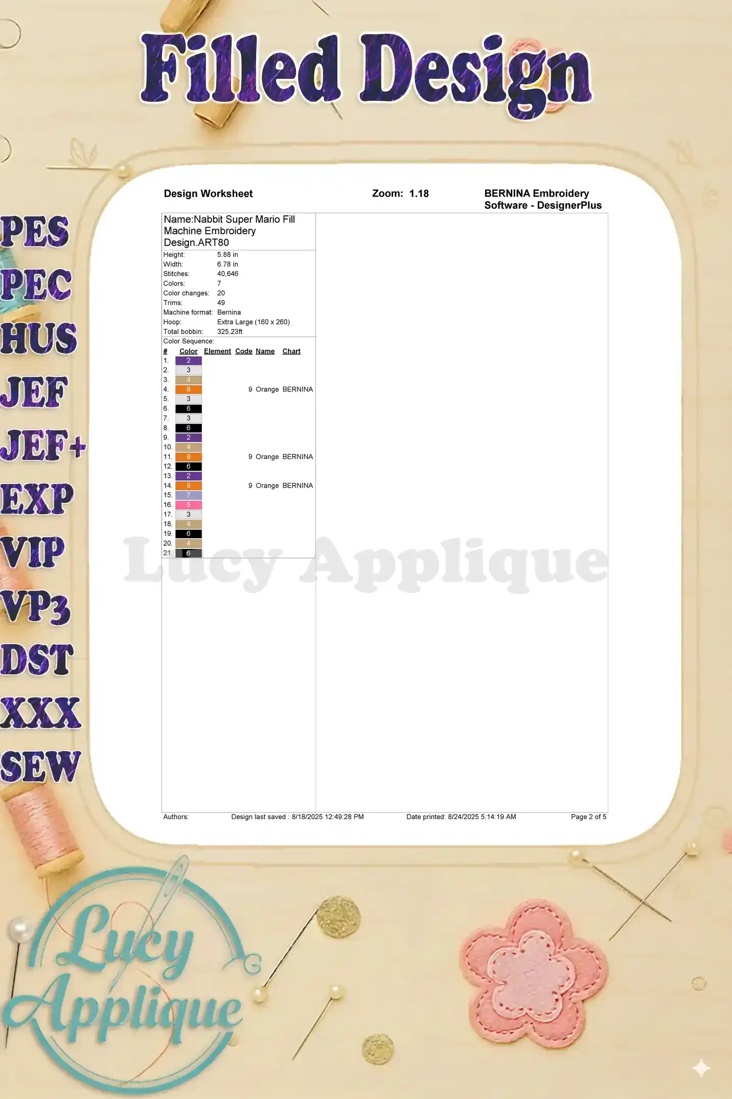 A worksheet provides details for the Nabbit Super Mario Fill Machine Embroidery Design, including color codes, stitch counts, and other essential information.