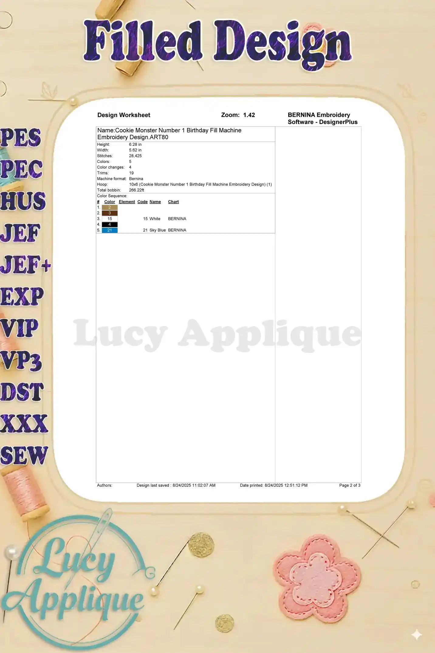 Worksheet for Cookie Monster Number 1 Birthday Fill Machine Embroidery Design, showing details like stitches, colors, and software used.