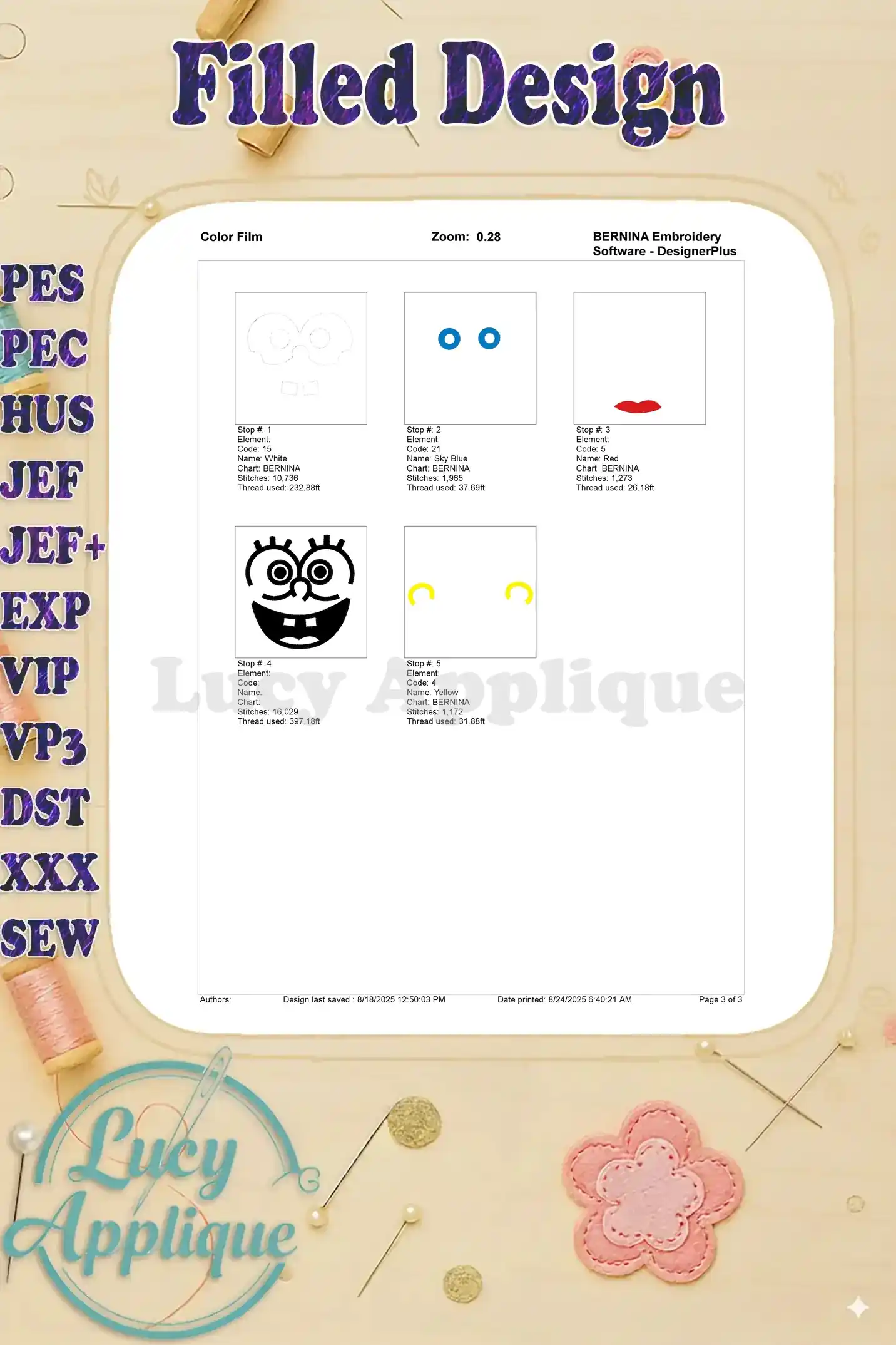 A color film illustrating the thread colors and their sequence for the Spongebob Squarepants embroidery design.