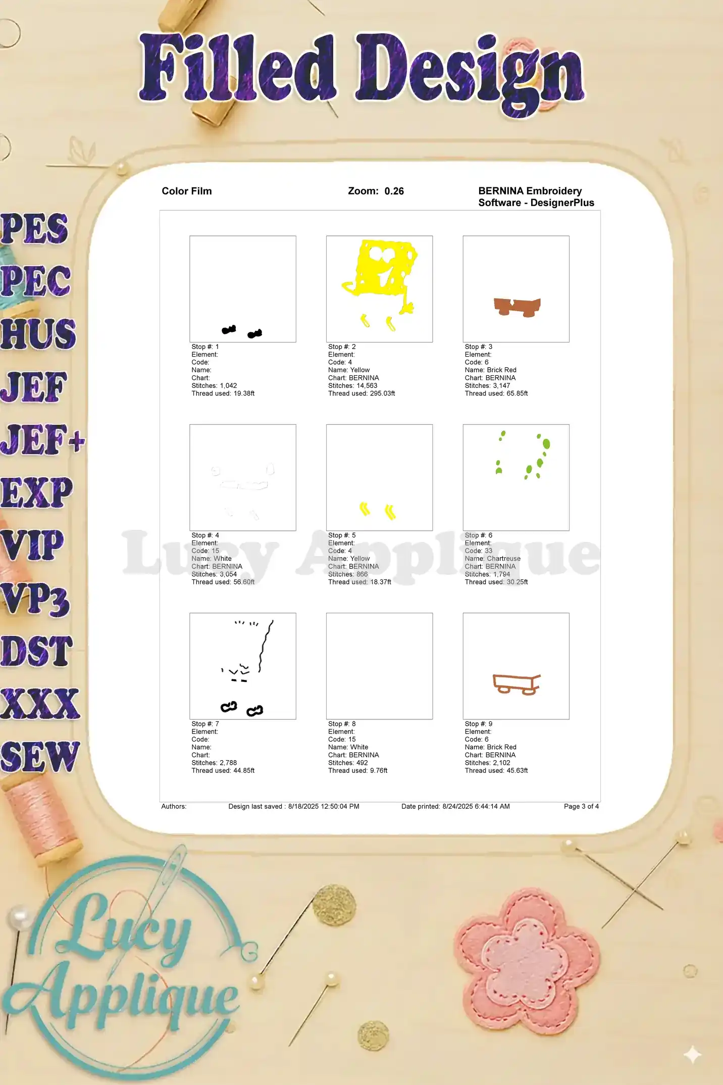 Color film for SpongeBob embroidery showing thread colors and placement for each step of the process.