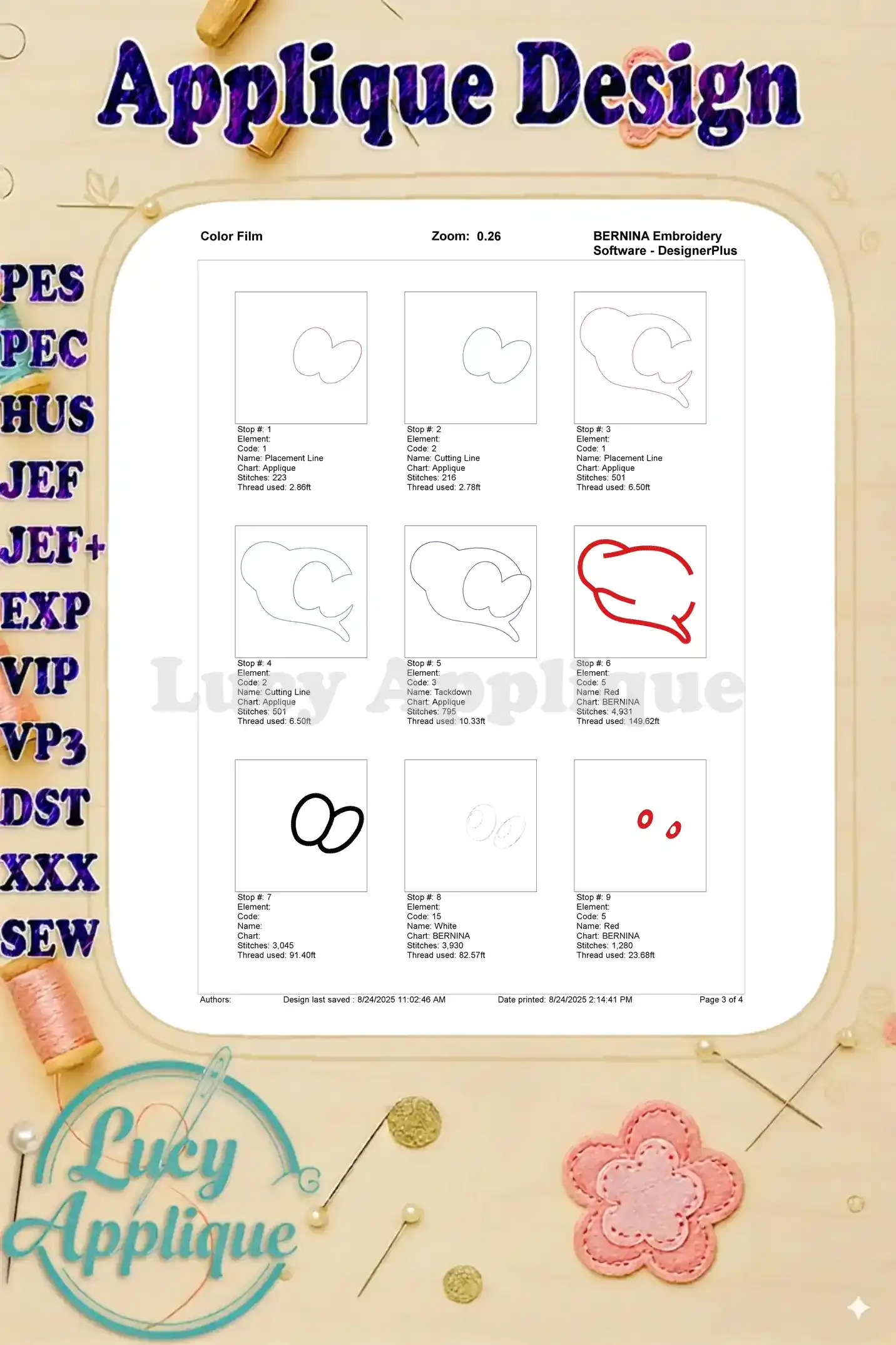 Color film showing different steps and thread colors for embroidering the Super Mario Odyssey hat applique design.