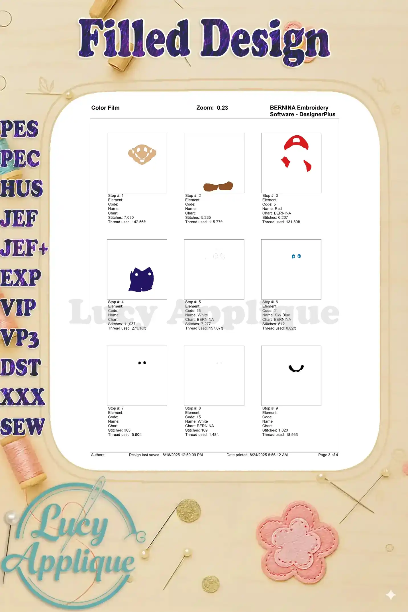Color film for the Super Mario embroidery design showing color sequence and thread details for each step. A visual aid for selecting the right colors.