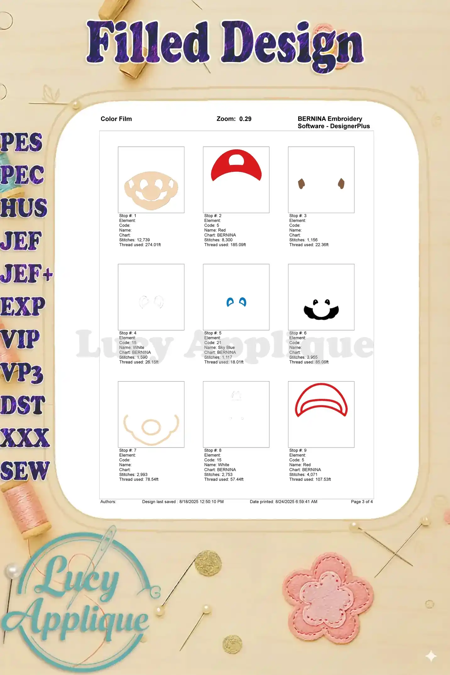 Color film for Super Mario head embroidery design, showing color codes and thread usage. Useful for color selection and organization.