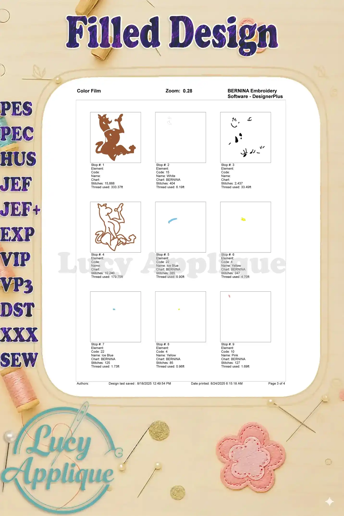 A color film showing the thread colors and their sequence for embroidering the Scooby Doo design. Each color is numbered and named for easy reference.