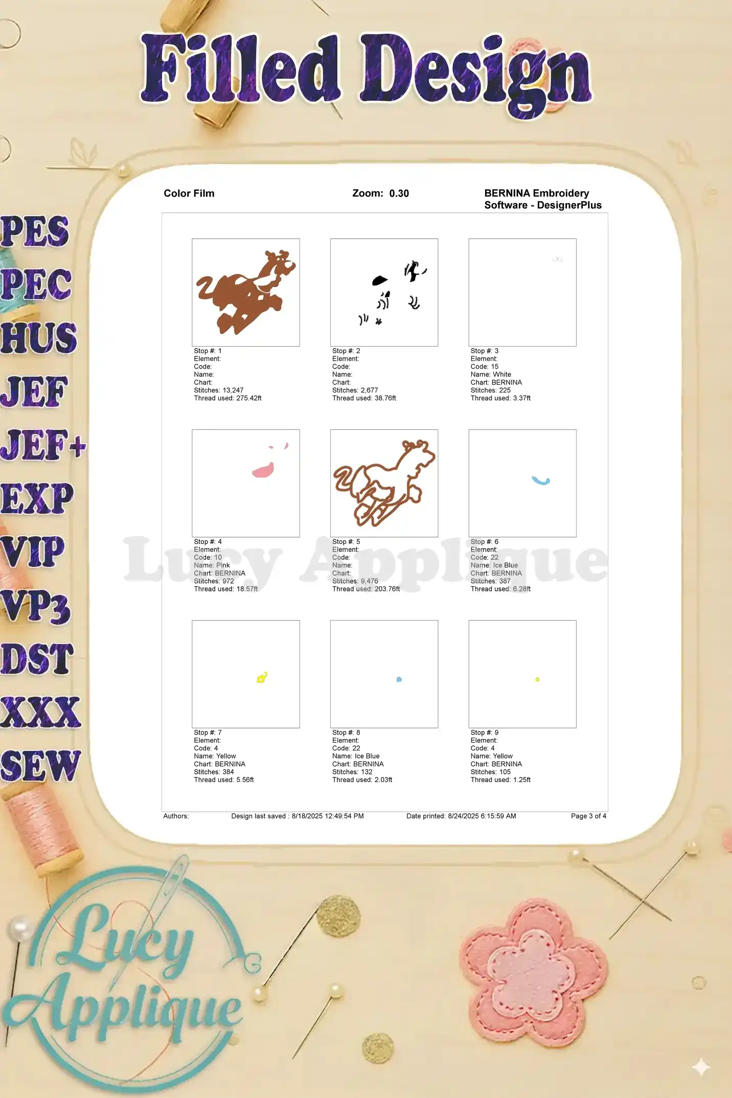 Color film showing various steps of the Scooby Doo embroidery design. This helps visualize the thread colors and placement during stitching.