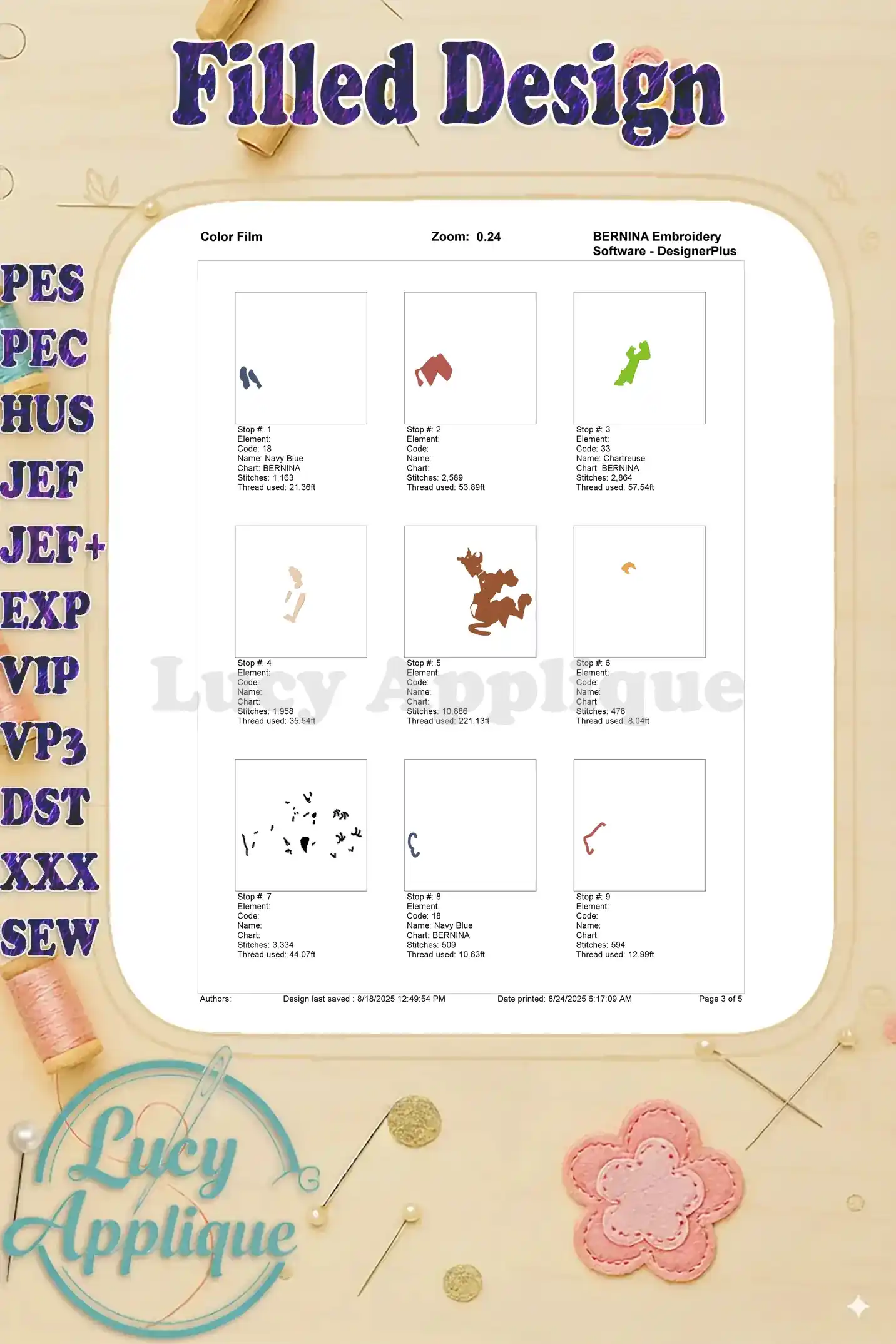 Color film for the Scooby and Shaggy embroidery design showing a breakdown of color sequences and thread usage for each step.