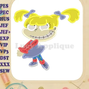 A vibrant filled embroidery design of Angelica Pickles from Rugrats, showcasing her signature mischievous grin and outfit. The design is presented on a light beige background, surrounded by decorative elements.