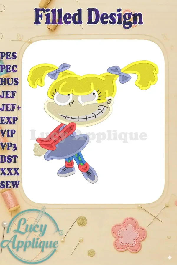 A vibrant filled embroidery design of Angelica Pickles from Rugrats, showcasing her signature mischievous grin and outfit. The design is presented on a light beige background, surrounded by decorative elements.