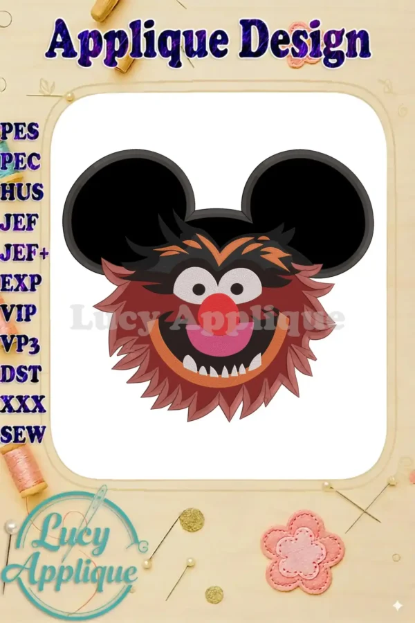 Applique design of Animal from Sesame Street wearing Mickey Mouse ears. The design features vibrant colors and detailed stitching.
