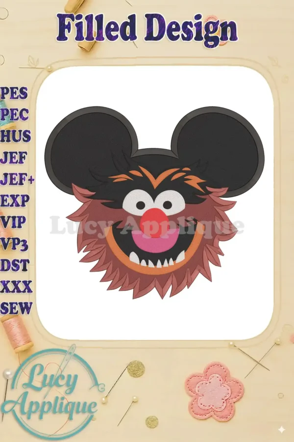Embroidery design of Animal from Sesame Street with Mickey Mouse ears, in filled stitch. Perfect for appliqués and patches.