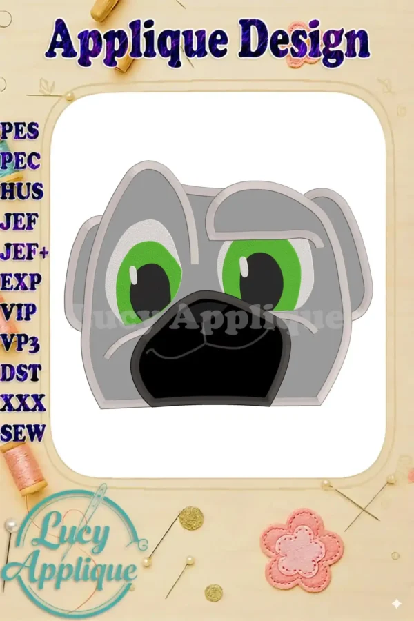 Applique design of Bingo, the cute pug from Puppy Dog Pals, ready to be stitched. The design includes detailed instructions and multiple file formats.