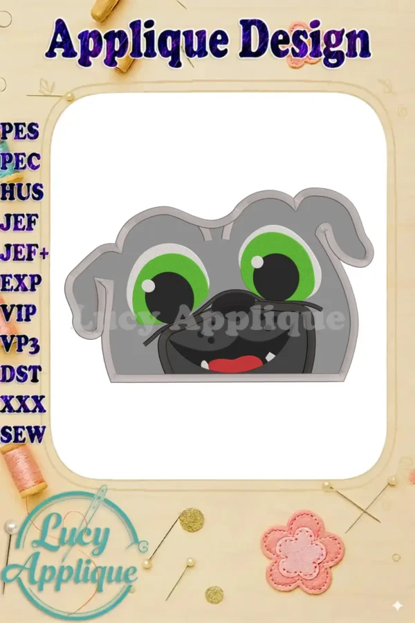 Applique embroidery design of Bingo, the pug from Puppy Dog Pals, showcasing his charming expression and bright green eyes. The design is presented on a white background within a decorative frame.