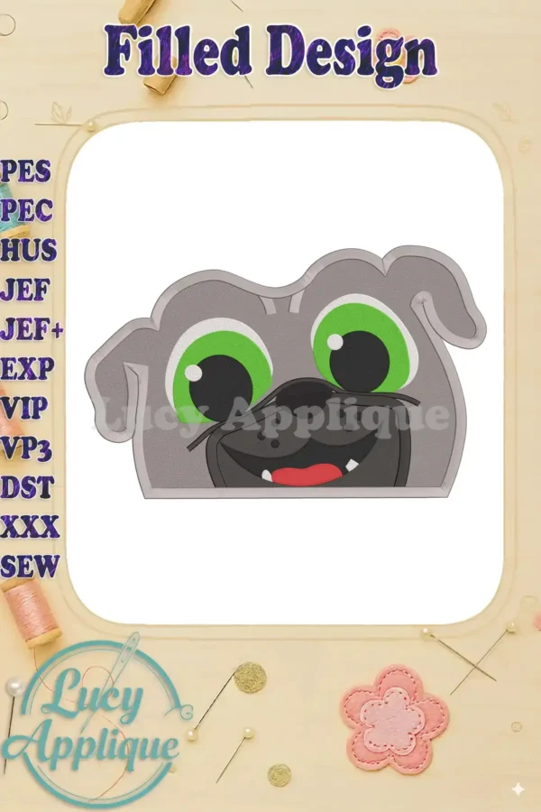 Embroidery design of Bingo's head from Puppy Dog Pals. A filled stitch design, shown on a white background. Perfect for machine embroidery.