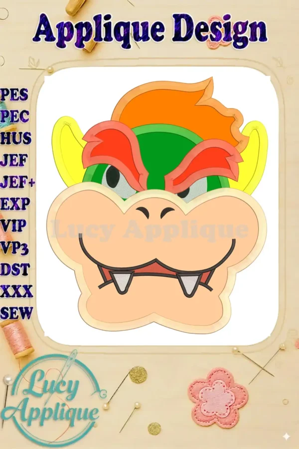 Bowser's mischievous face in an applique embroidery design. The design is vibrant and features orange hair and sharp teeth.