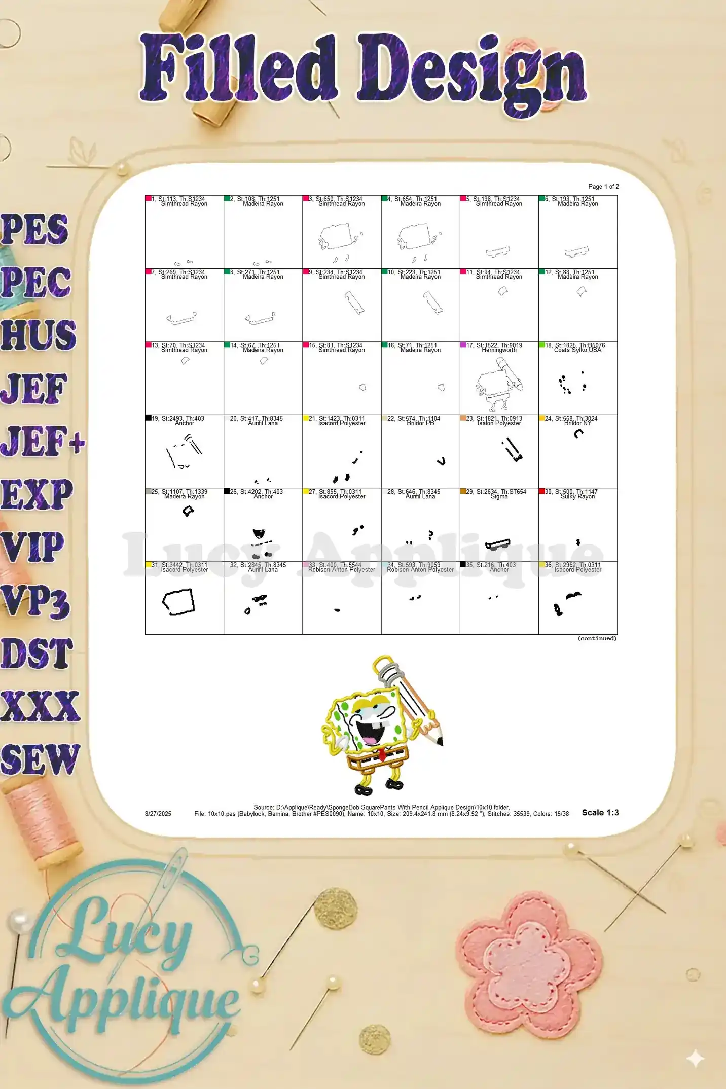 Filled design worksheet for the SpongeBob embroidery design, showing different steps of the embroidery process.
