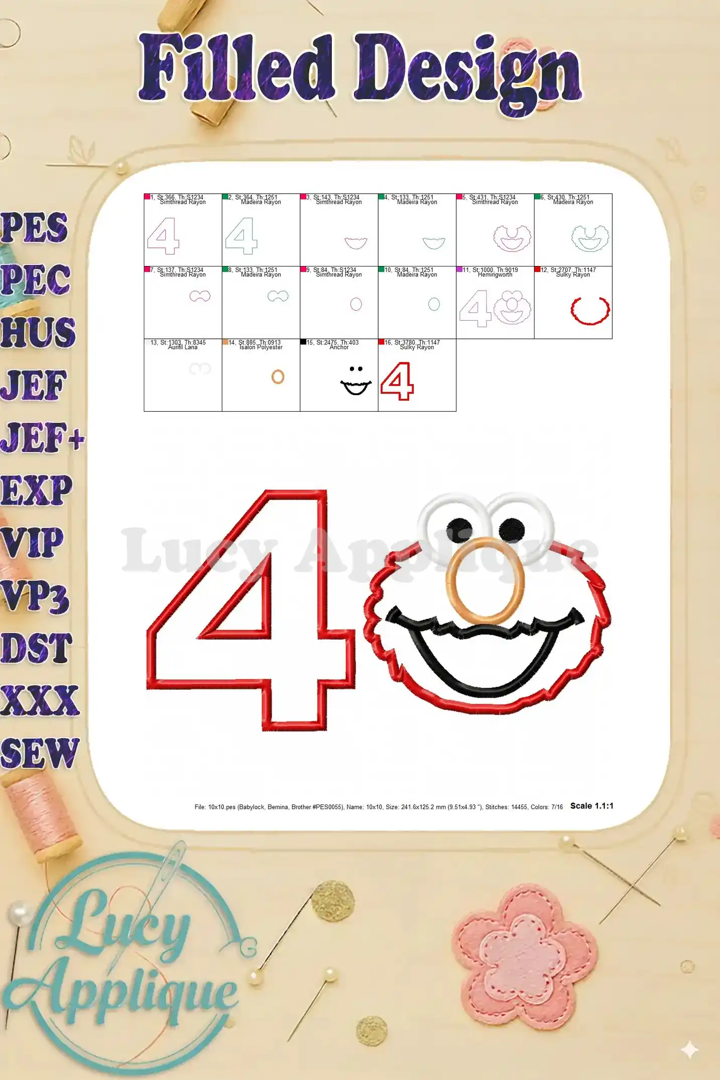 Filled design showing the completed Elmo and number 4 applique, with various color options for the design.