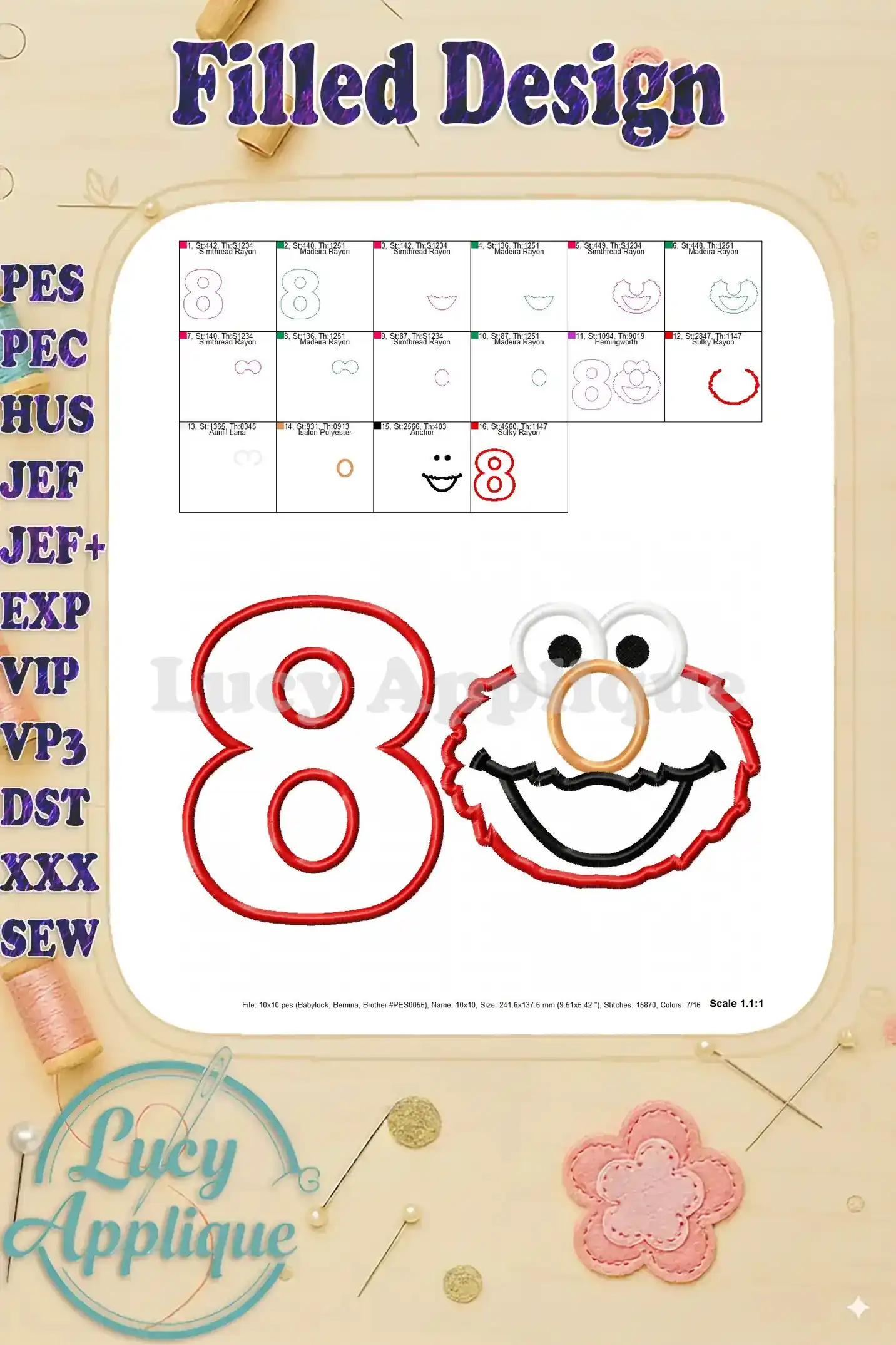 Filled design showing the completed Elmo head and number 8 applique, showcasing the final embroidered product.