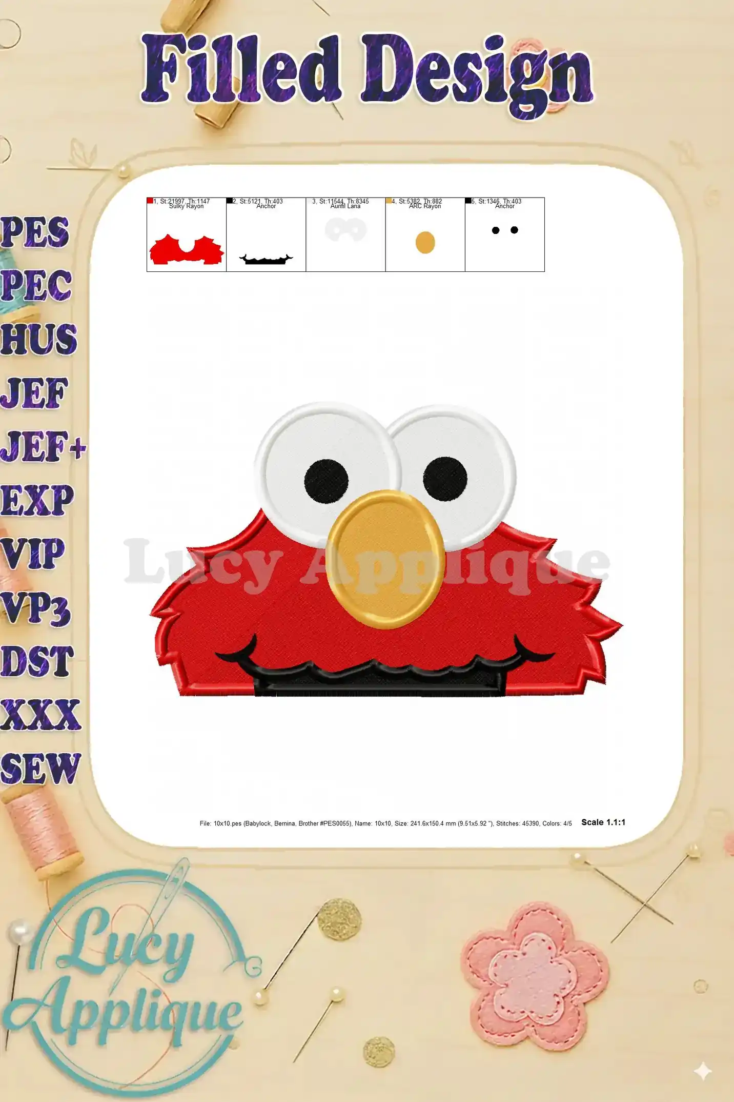 An additional view of the completed Elmo head embroidery design, showcasing the stitches and color details more clearly. This image also displays the scale.