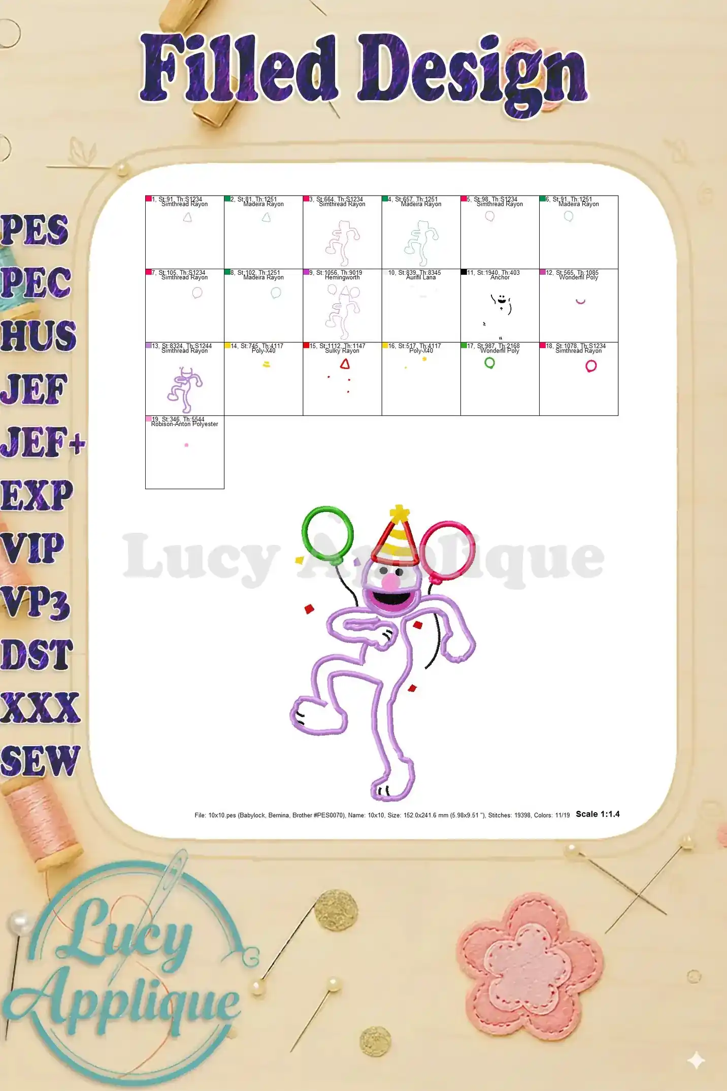 Filled design for Grover's Sesame Street Birthday Applique, showing the completed design with all colors and details.