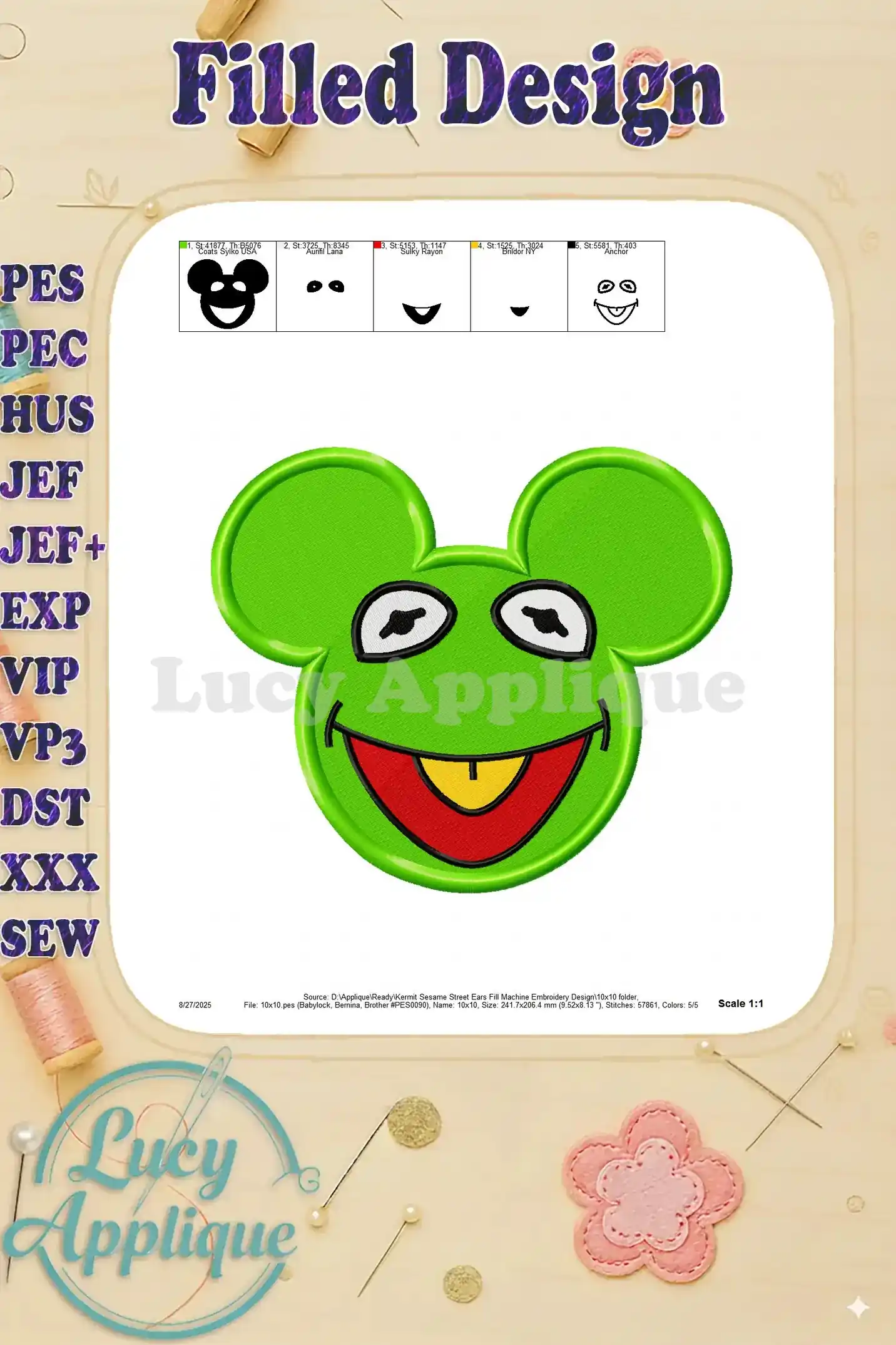 This image shows individual color blocks of the Kermit design, and a complete view of the design, for reference. This is a helpful guide for embroiderers.