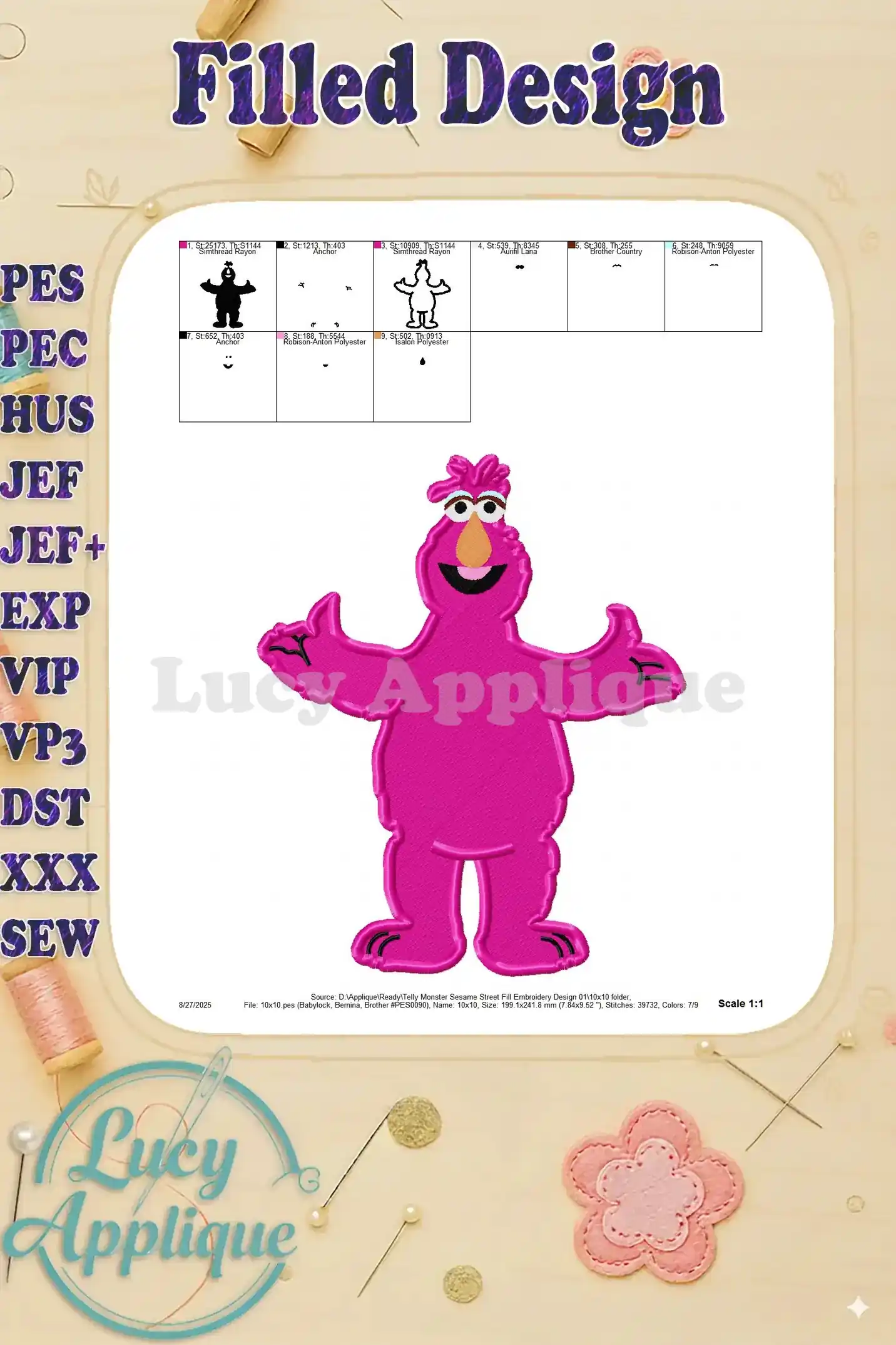 Detailed color chart and placement guide for the Telly Monster embroidery design. Clearly shows the color sequence and placement for each step.