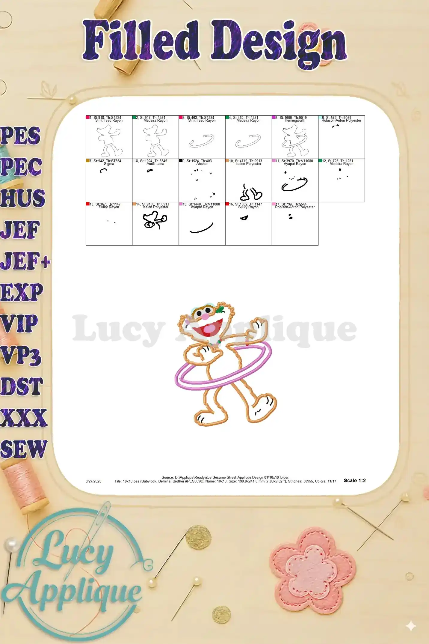 Filled design sheet showing the completed Zoe Sesame Street applique design, with individual sections highlighted for clarity and reference.