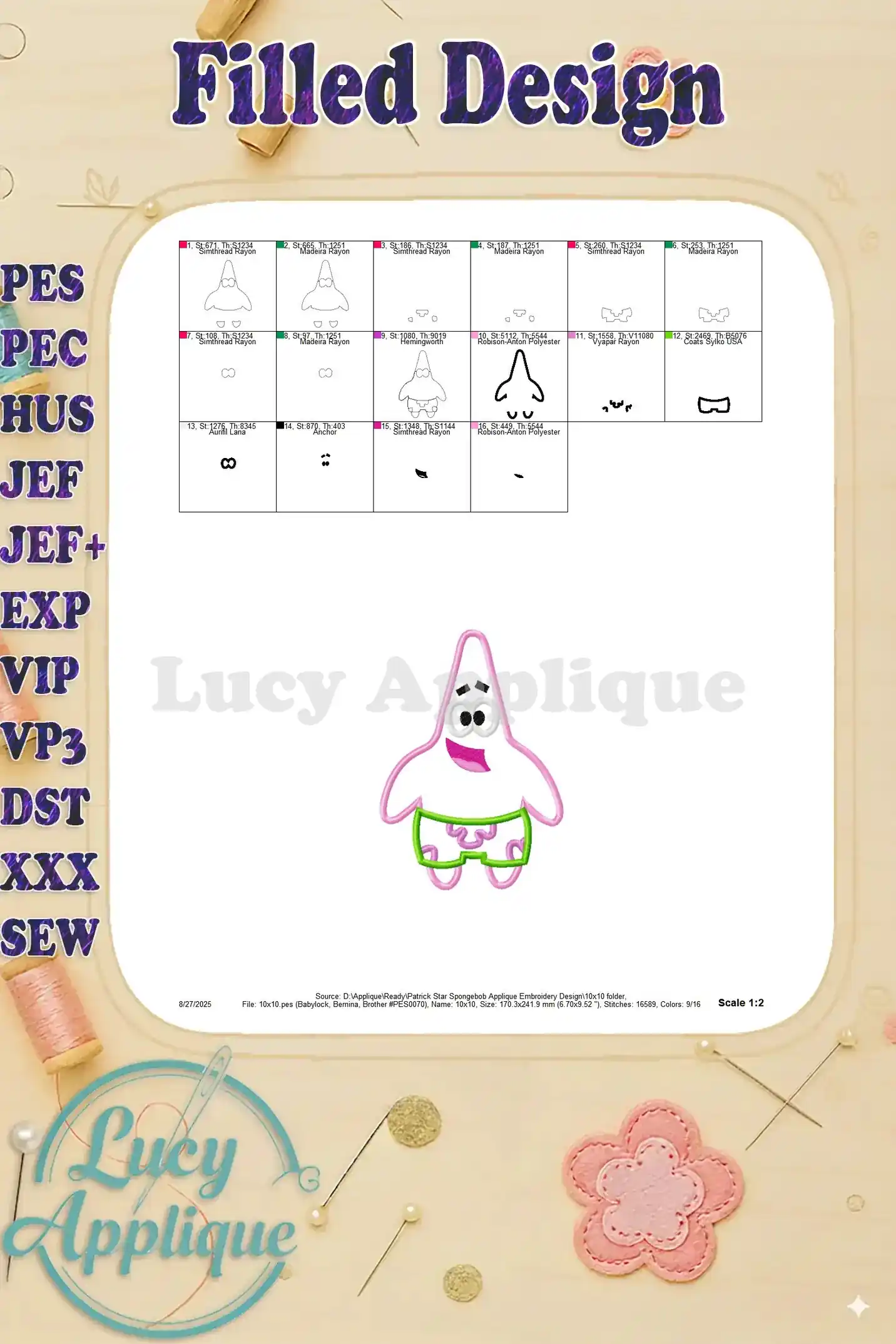 A filled design illustration of the completed Patrick Star applique, showing different sections and thread colors for a better understanding.