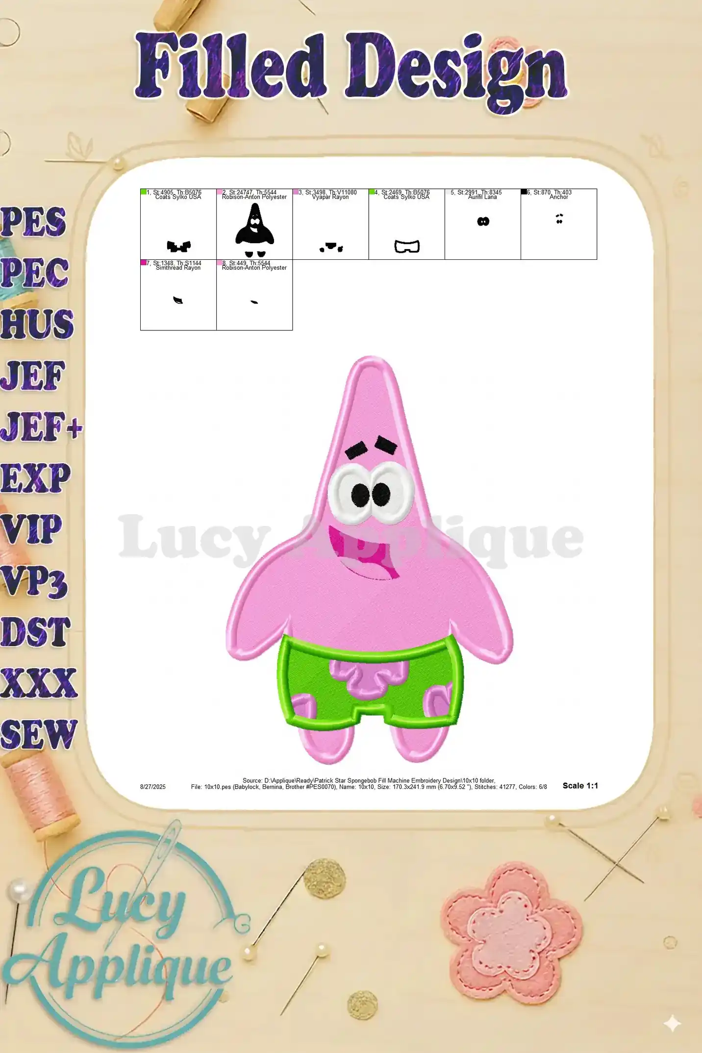 Detailed color chart for the Patrick Star embroidery design, showing each color's placement and codes.