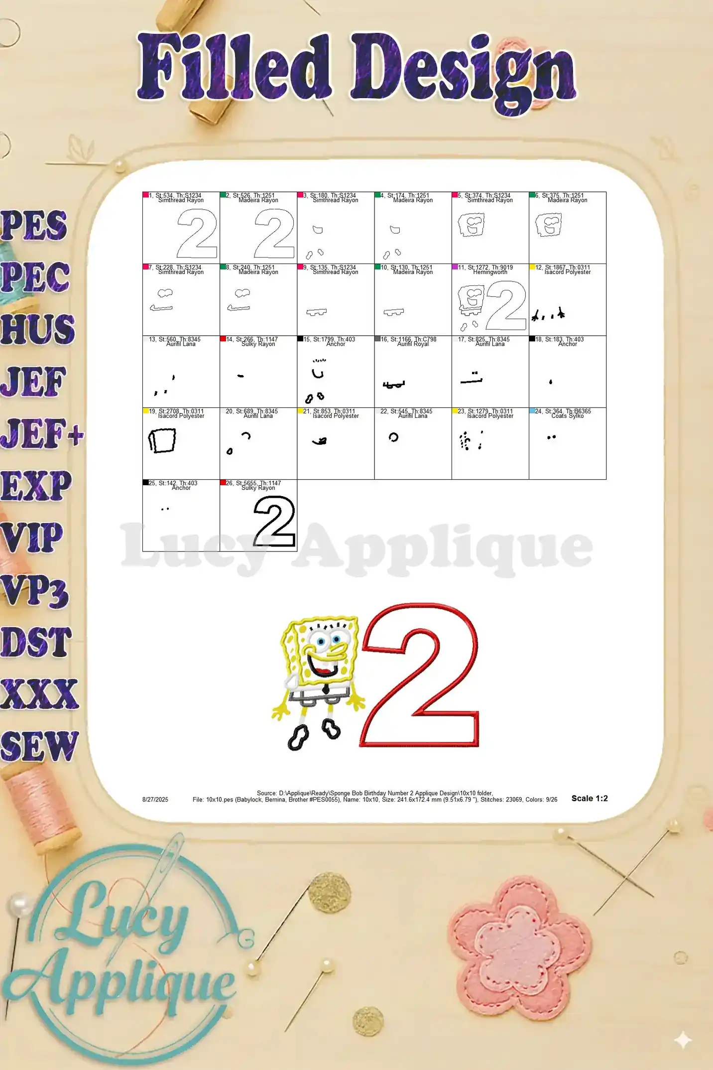 Filled design showing the complete embroidered image of SpongeBob and the number 2.