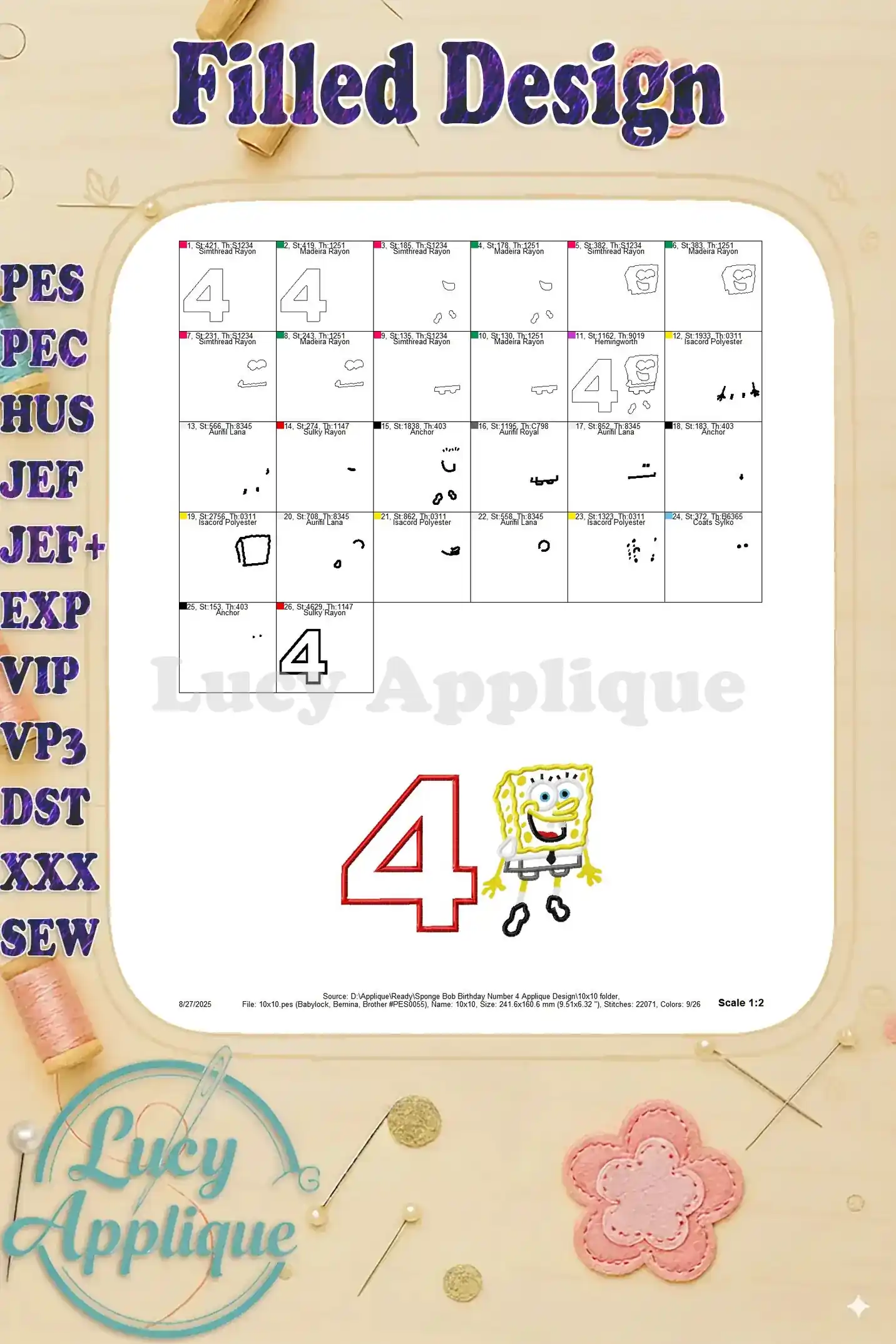 Filled design showing a detailed view of the completed SpongeBob Squarepants and number 4 applique design, with color codes.