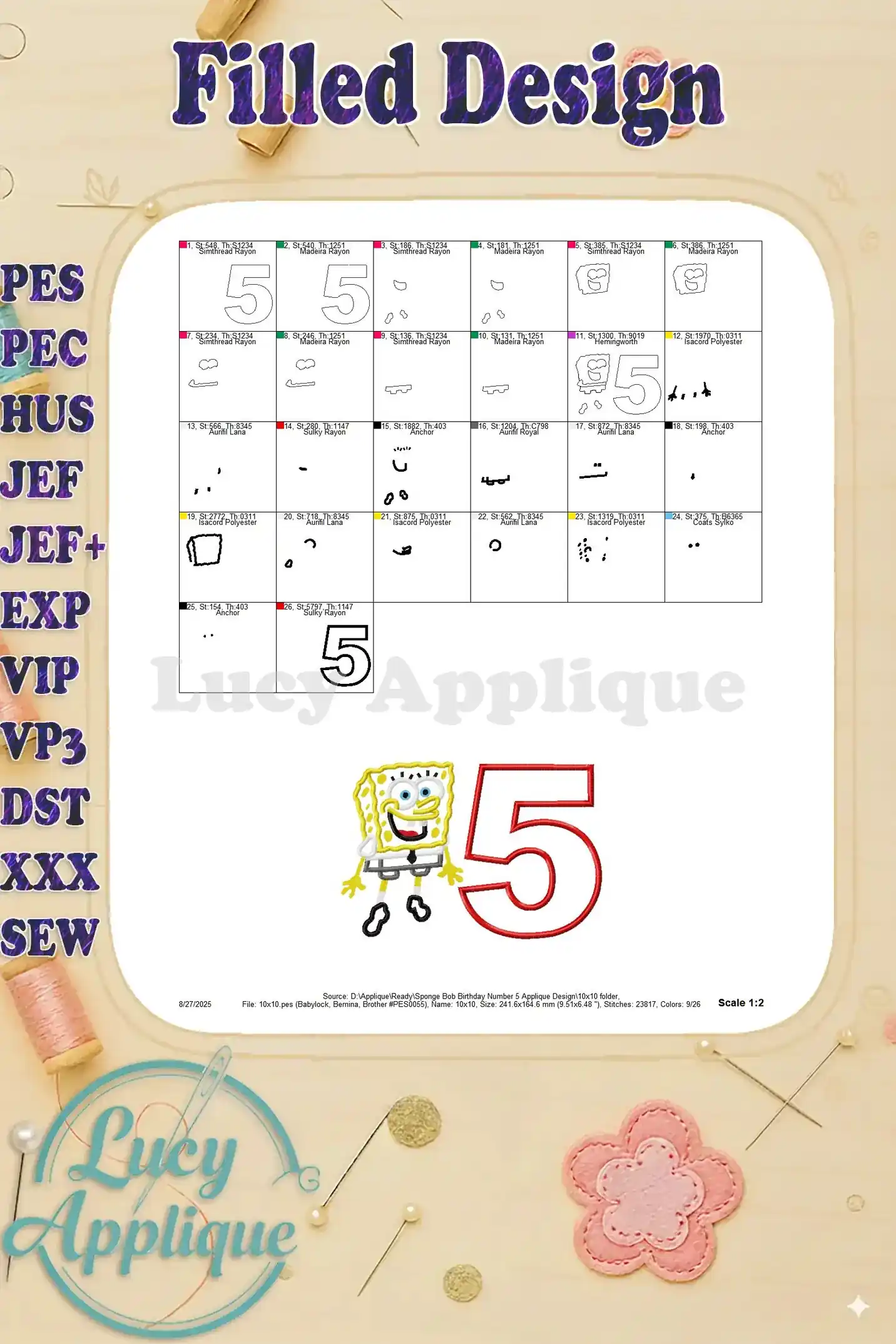 Detailed filled design showing the complete layout of the SpongeBob SquarePants and number 5 applique embroidery design, with color codes and stitch information.