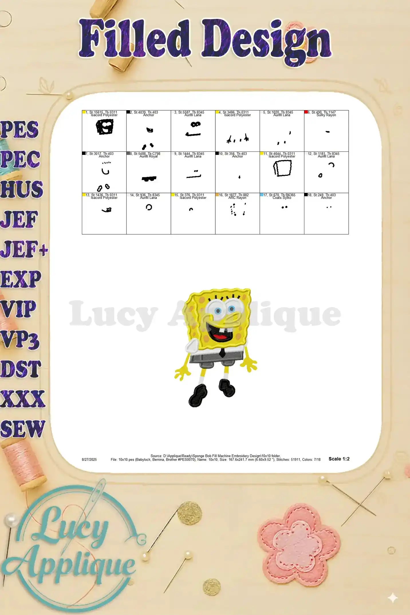 A preview of the completed SpongeBob embroidery design, showing the overall look and feel. It also highlights the detail and quality of the stitchwork.