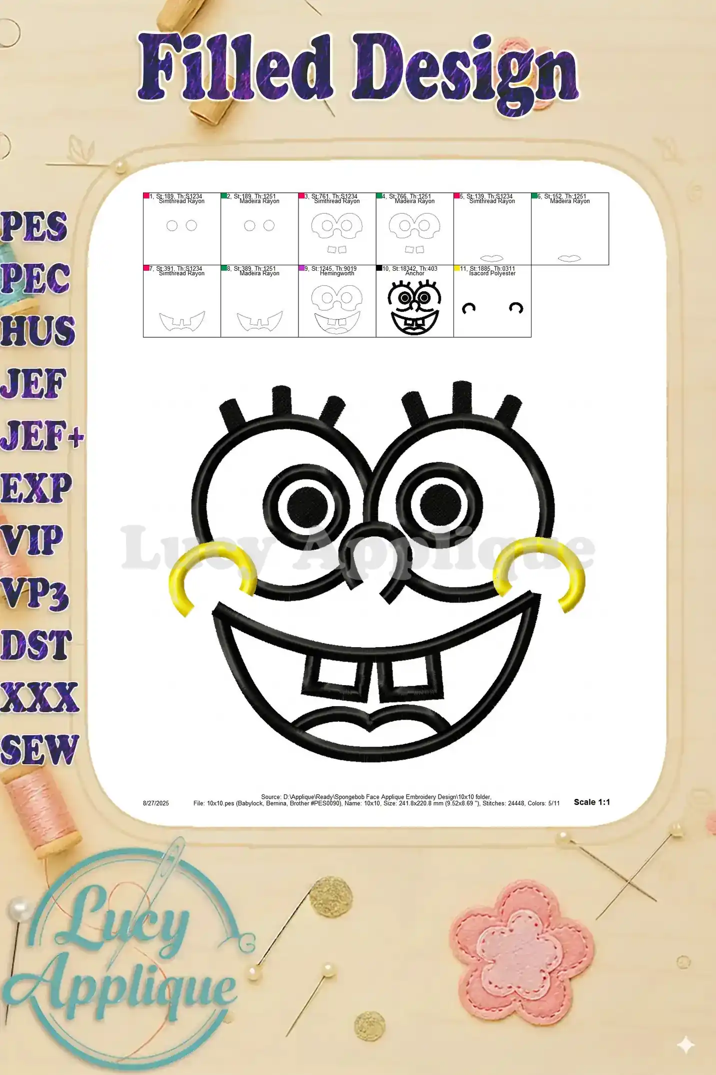 Filled design illustration showing the completed Spongebob face applique. Includes details of stitch types and needle thread consumption.