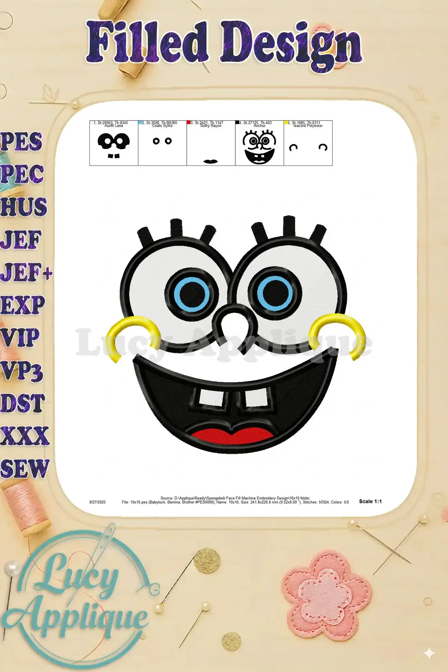 A detailed view of the color placement within the Spongebob Squarepants machine embroidery design, highlighting the color palette.