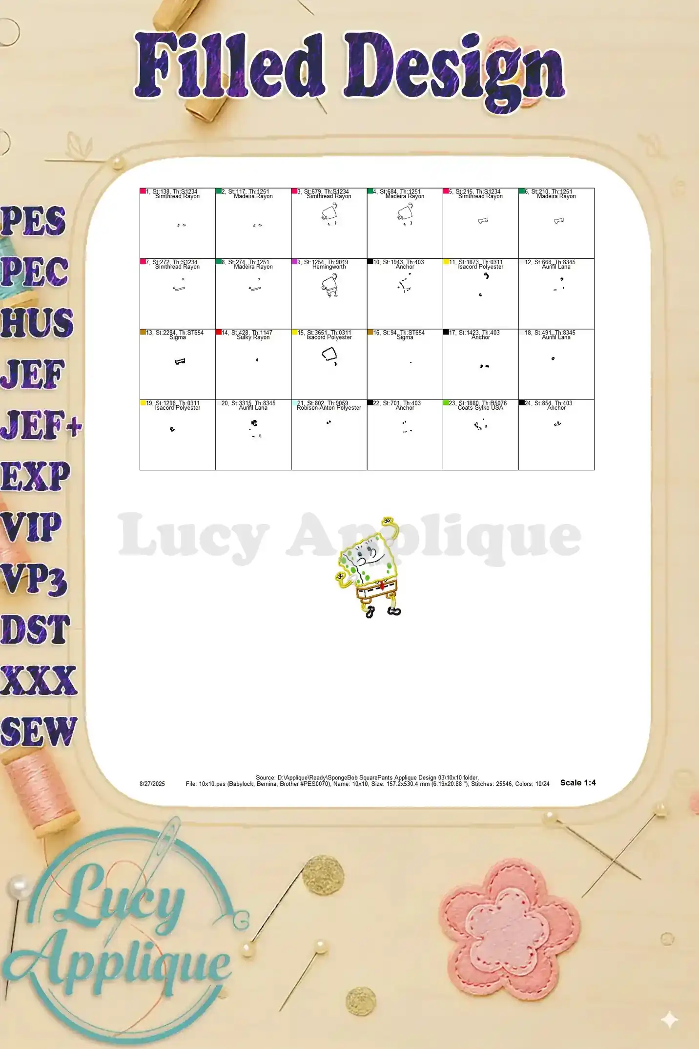 A filled design overview showing the complete SpongeBob SquarePants embroidery design with thread colors and stitch details. This image provides a comprehensive view of the finished product.