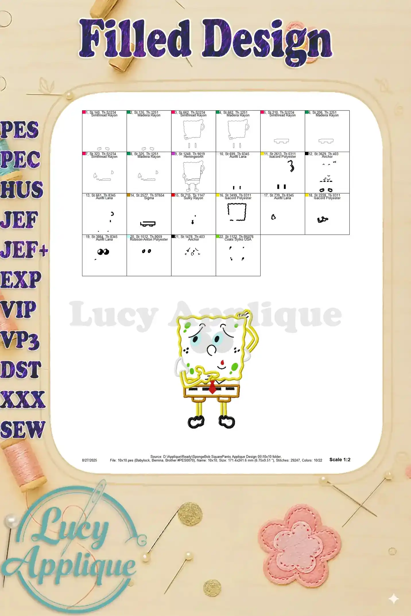 Filled design chart for SpongeBob showing all the steps and color codes. A detailed guide for the filled embroidery process.
