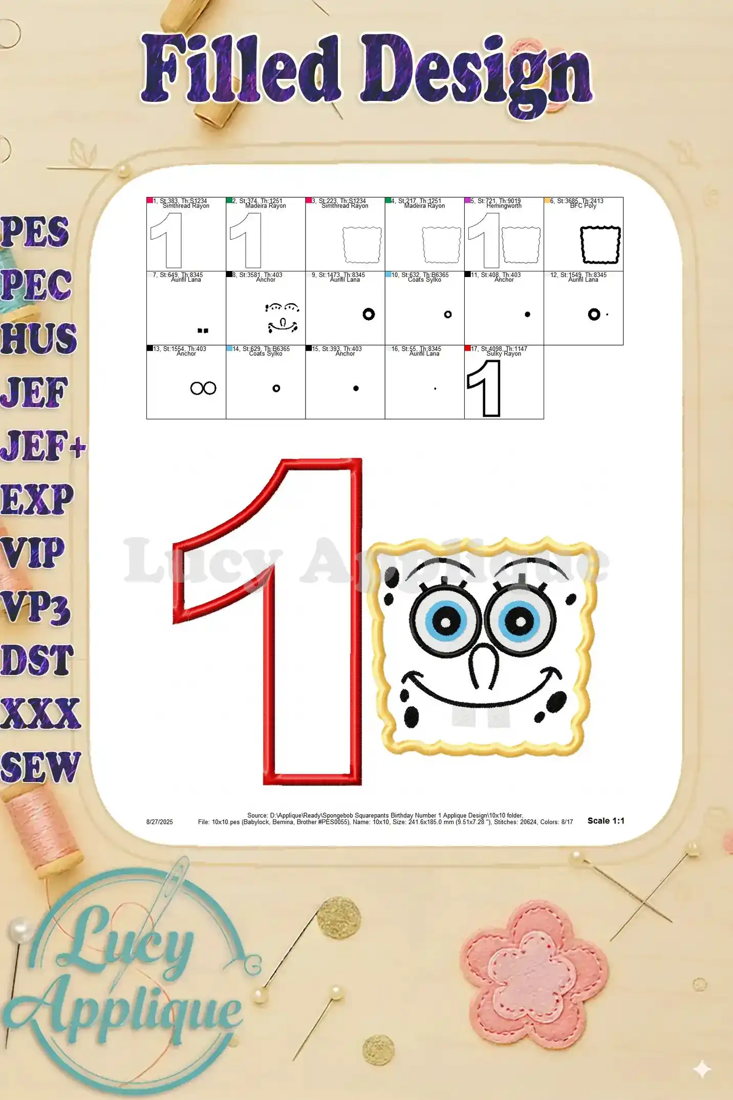 Filled design showing the completed Spongebob Squarepants and number 1 applique embroidery design; the final product.