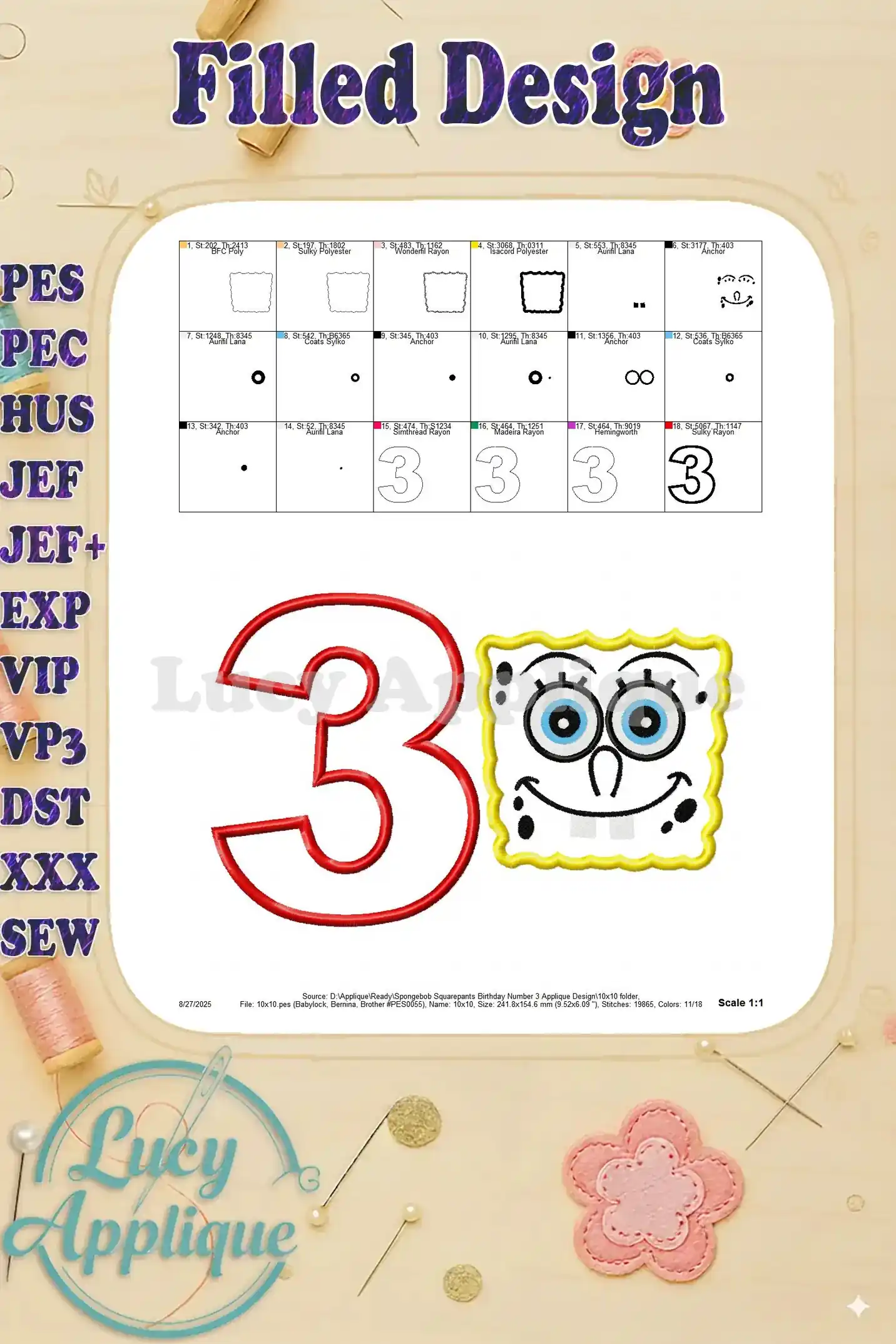 Filled design showing the completed Spongebob Squarepants and number 3 applique. A great example of the final product.