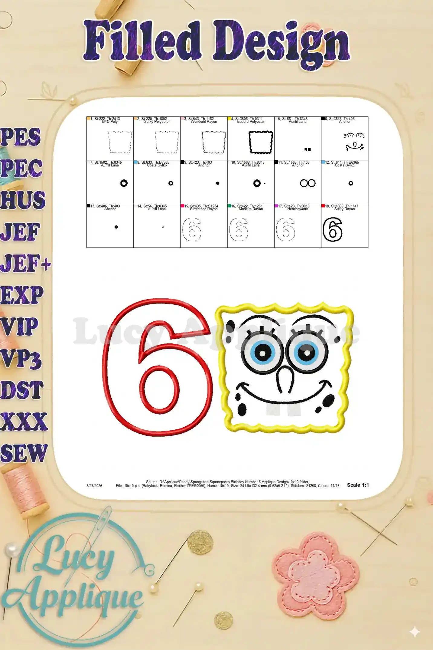 A filled design showing the completed Spongebob Squarepants and number 6 applique. It's a detailed view of the final embroidered product.