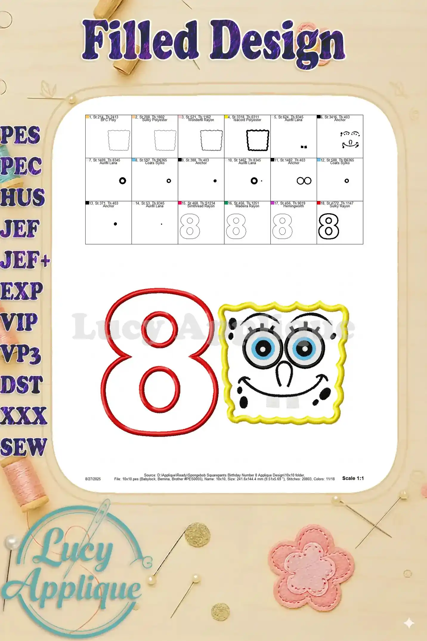 Filled design for Spongebob Squarepants birthday number 8 applique, showing detailed stitching layout and color information for embroidery.