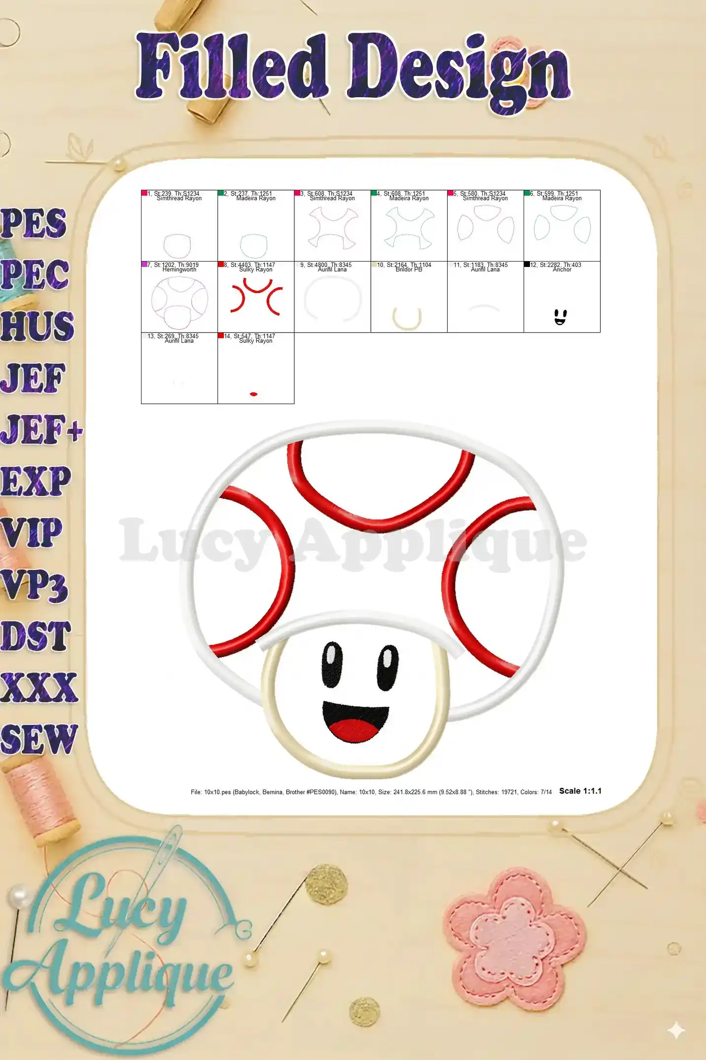 Filled design of Super Mario's Toad, showcasing a cheerful mushroom character with a red cap and white spots. Includes various file formats for embroidery machines.