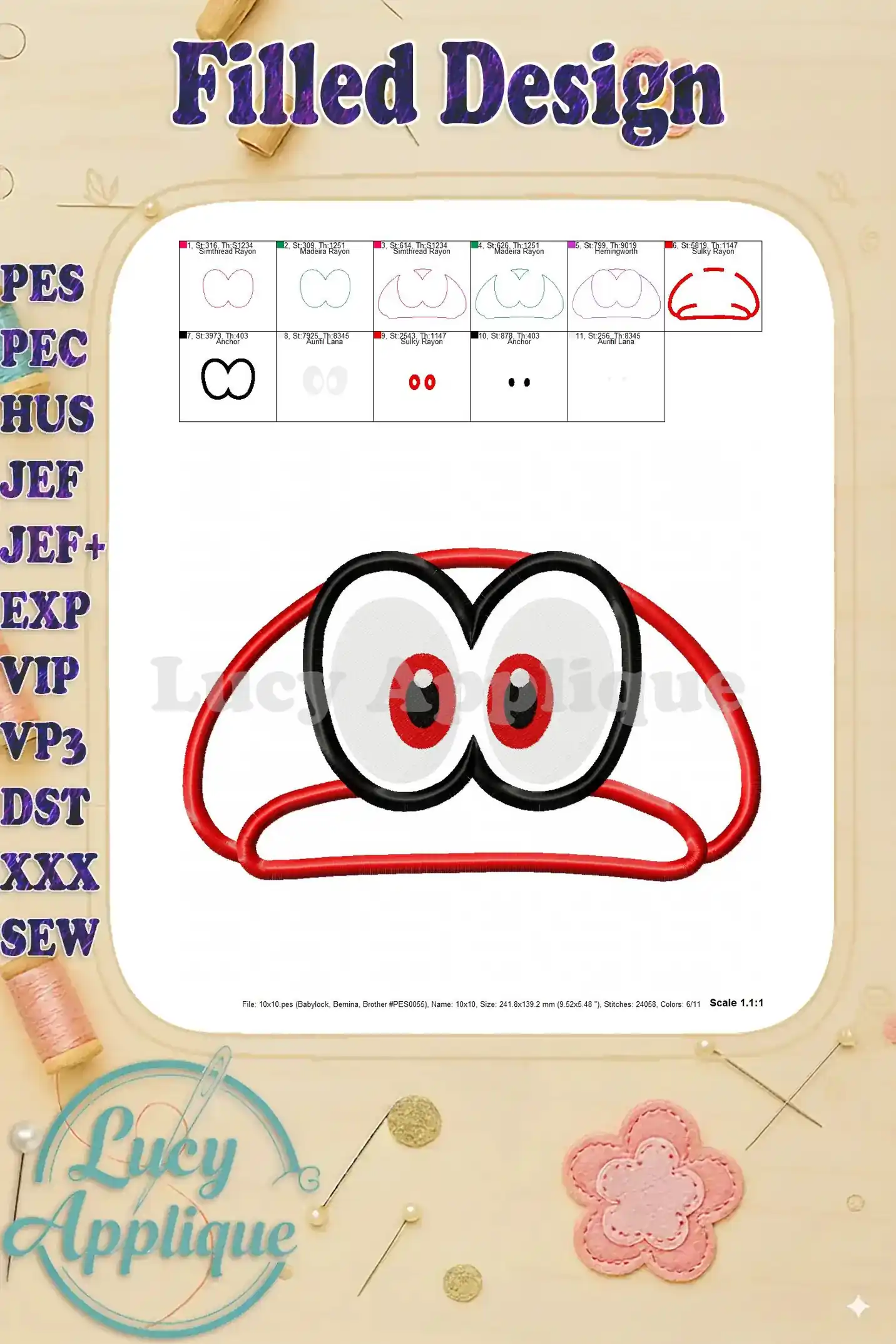 Filled design of the Super Mario Odyssey hat applique embroidery. This shows the finished look of the applique, with color details.