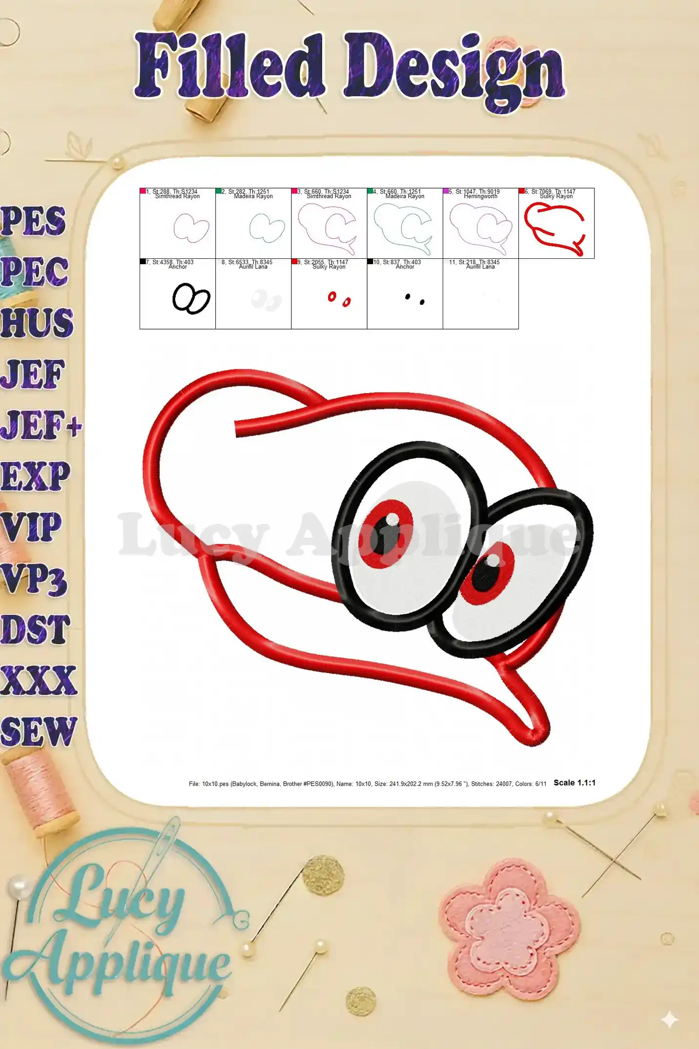 Filled design showing the completed embroidered Super Mario Odyssey hat applique with its color details and stitch information.