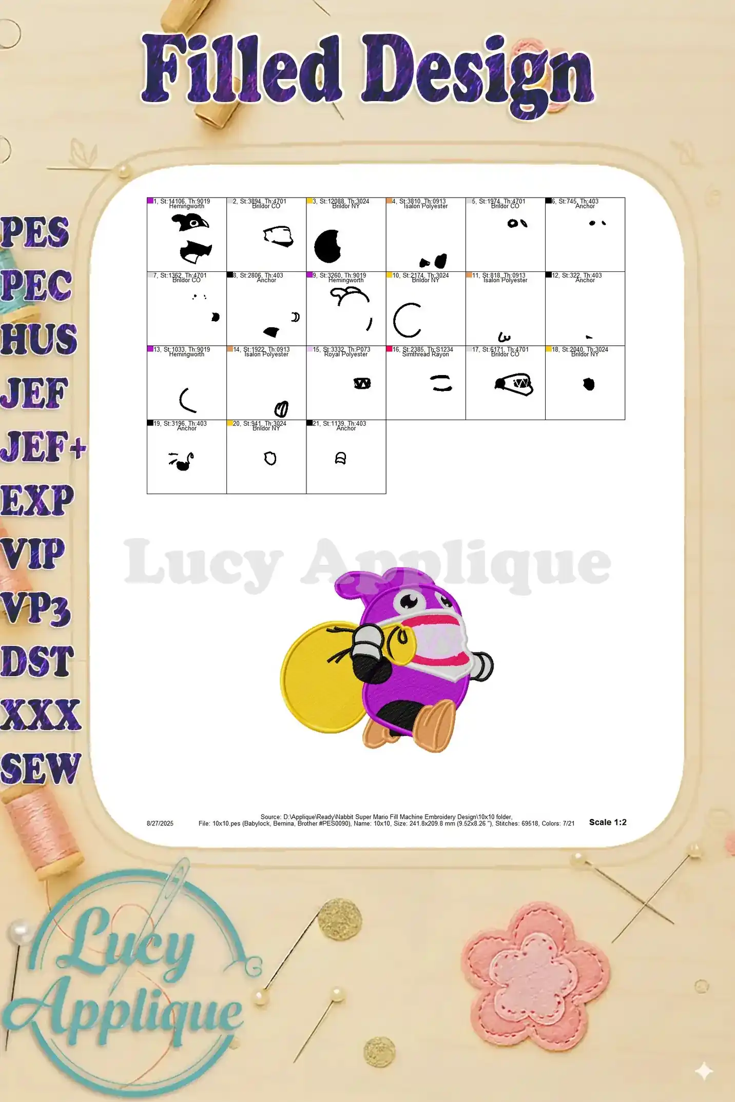 A detailed color chart for the Nabbit design shows each color section with its corresponding thread code for easy reference.